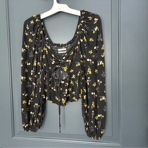 Urban Outfitters Gray Blouse with Yellow Floral Pattern